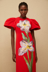 Irène Red Sequined Floral Embroidered Midi Dress