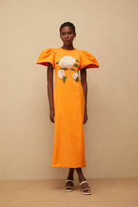 Yrjö Orange Floral Embroidered Midi Dress