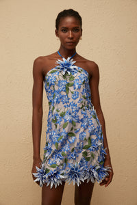 Doriane Blue Halterneck Floral Embroidered Mini Dress
