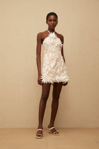 Doriane White Halterneck Floral Embroidered Mini Dress