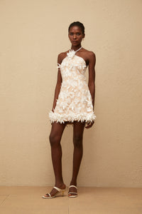 Doriane White Halterneck Floral Embroidered Mini Dress