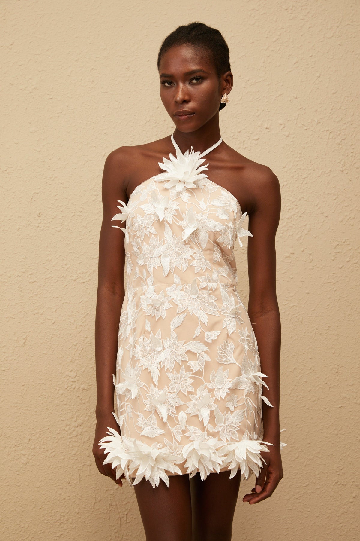 Doriane White Halterneck Floral Embroidered Mini Dress