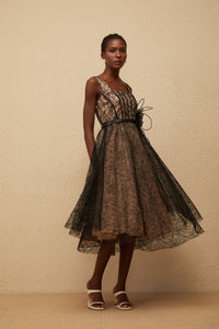 Sandrine Black Floral Lace Midi Dress