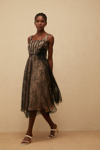 Sandrine Black Floral Lace Midi Dress