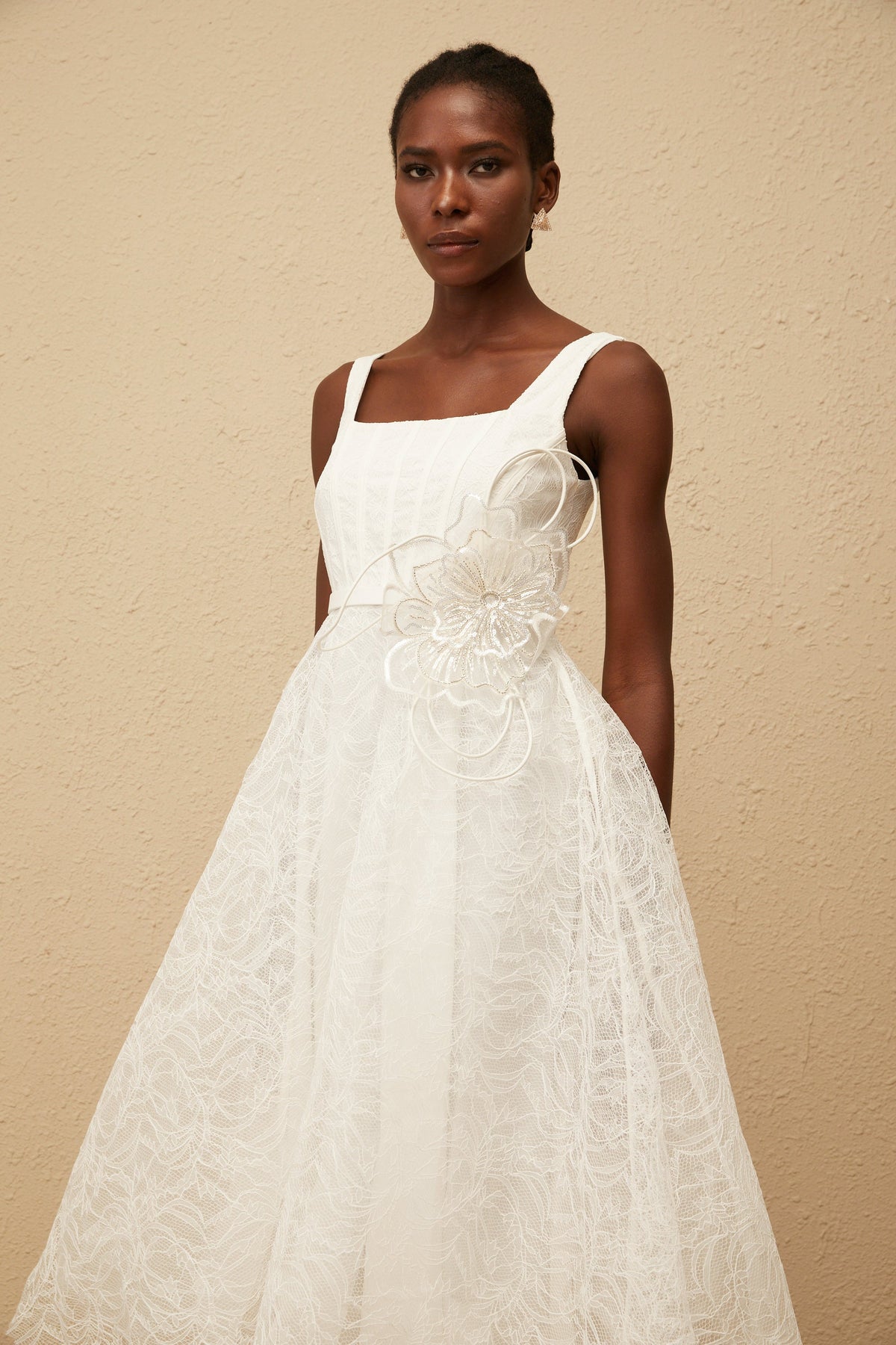 Sandrine White Floral Lace Midi Dress