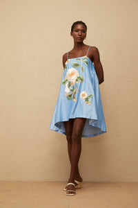 Avril Blue Floral Embroidered Satin Mini Dress