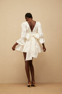 Jutta White Bowknot Shirred Mini Dress