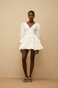 Jutta White Bowknot Shirred Mini Dress