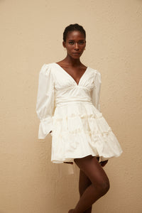 Jutta White Bowknot Shirred Mini Dress