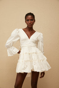 Jutta White Bowknot Shirred Mini Dress