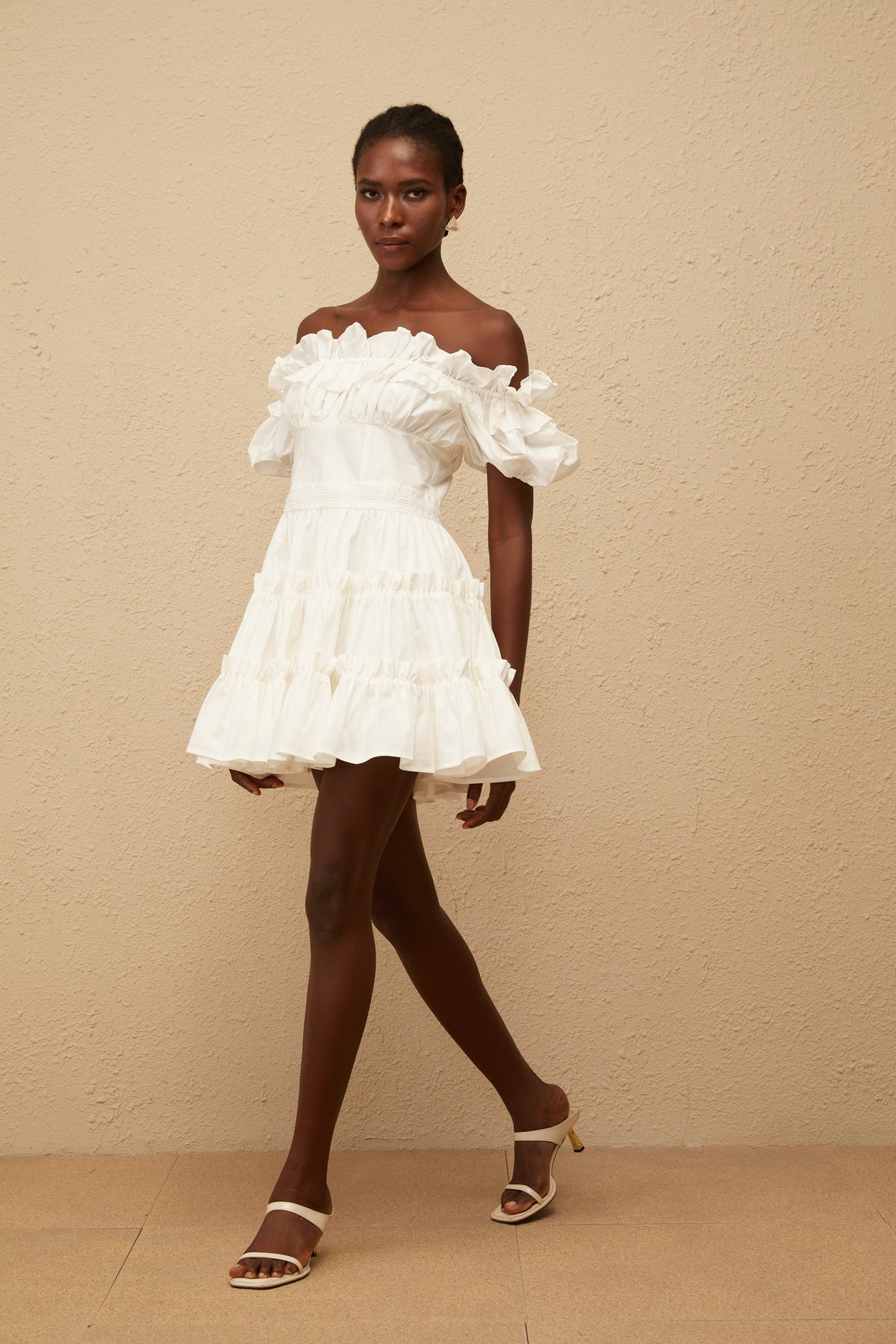 Irja White Off-Shoulder Shirred Mini Dress