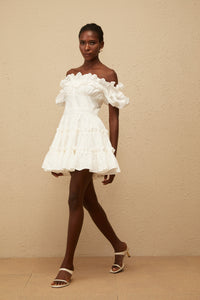 Irja White Off-Shoulder Shirred Mini Dress