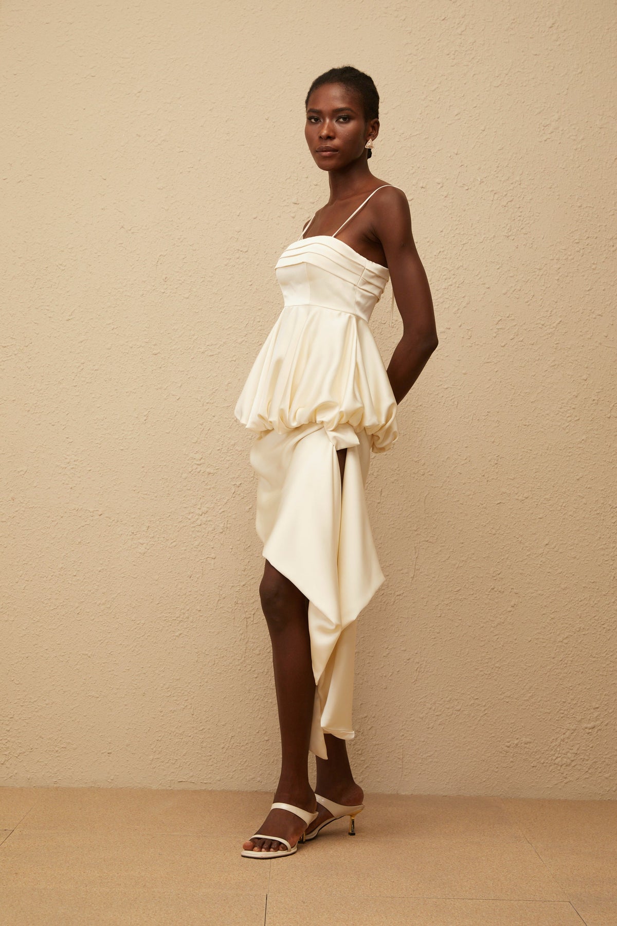 Opale Neutral Asymmetrical Satin Mini Dress
