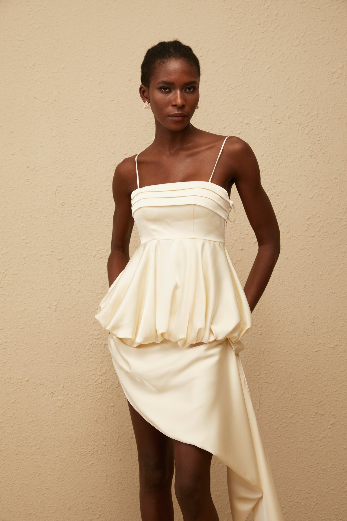 Opale Neutral Asymmetrical Satin Mini Dress