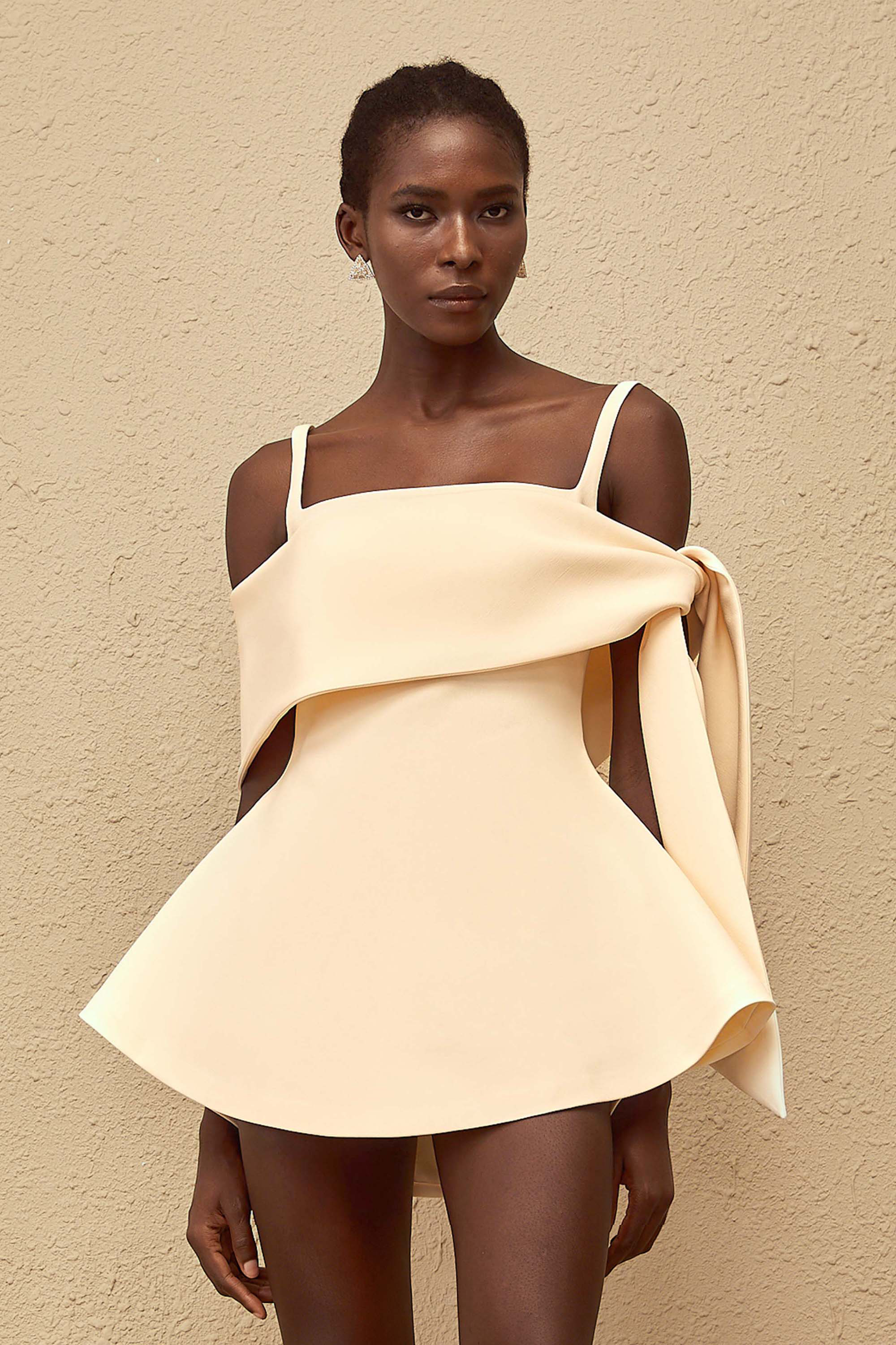 Garance Cream White Self Tie Flared Mini Dress