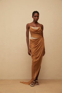 Charisa Khaki Draped Chiffon Maxi Dress