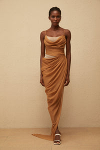 Charisa Khaki Draped Chiffon Maxi Dress
