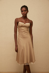 Ananias Khaki Lace Panel Satin Midi Dress