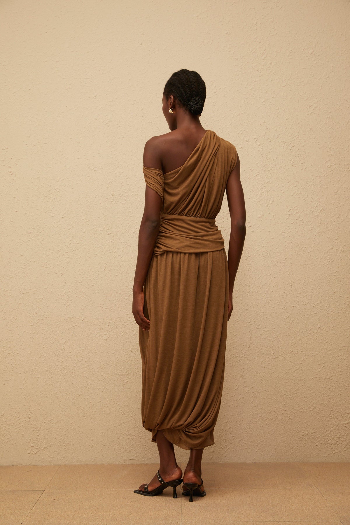 Catarina Brown Asymmetrical Ruched Maxi Dress