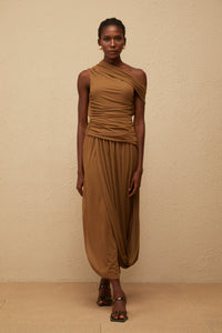 Catarina Brown Asymmetrical Ruched Maxi Dress