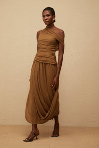 Catarina Brown Asymmetrical Ruched Maxi Dress