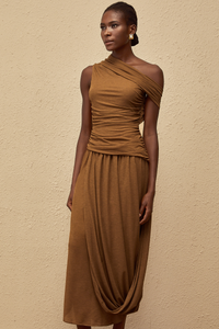 Catarina Brown Asymmetrical Ruched Maxi Dress