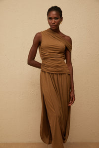 Catarina Brown Asymmetrical Ruched Maxi Dress