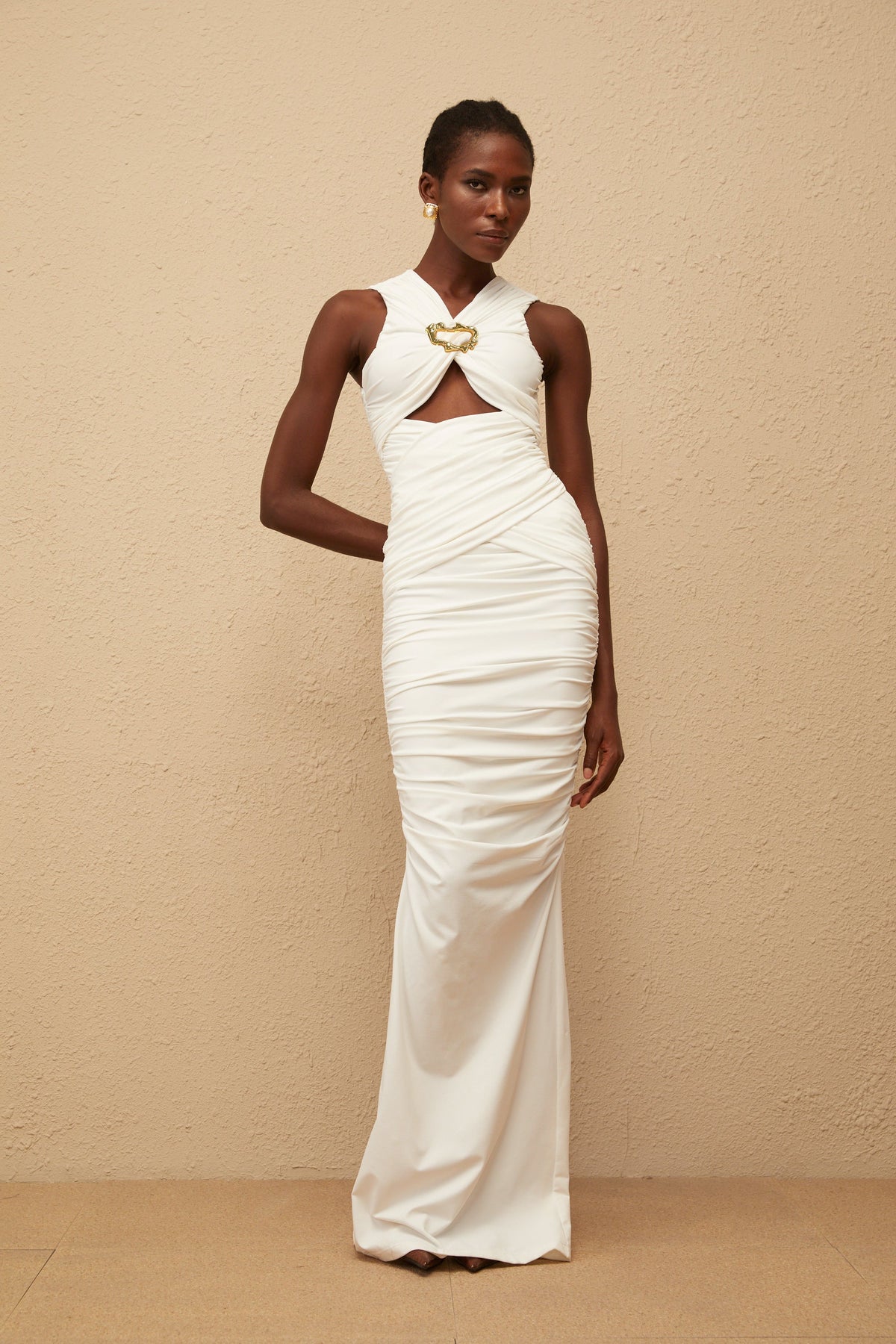 Capucine White Ruched Corset Maxi Dress