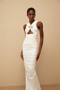 Capucine White Ruched Corset Maxi Dress