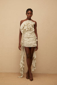Anneli Neutral Off-Shoulder Ruffled Mini Dress