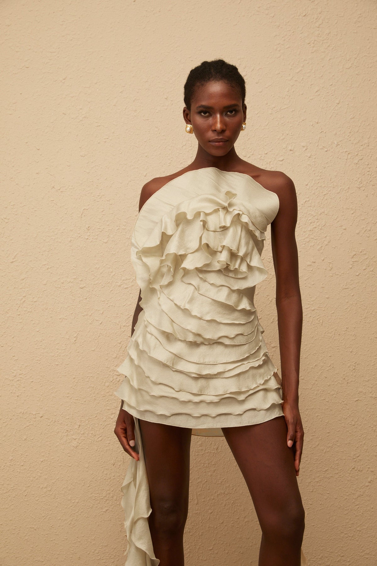 Anneli Neutral Off-Shoulder Ruffled Mini Dress