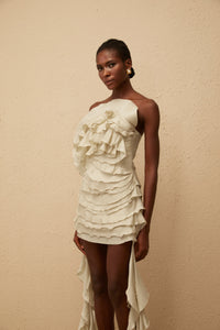 Anneli Neutral Off-Shoulder Ruffled Mini Dress