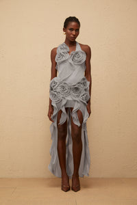 Hannabella Grey Asymmetrical Ruffled Floral Mini Dress