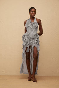 Hannabella Grey Asymmetrical Ruffled Floral Mini Dress
