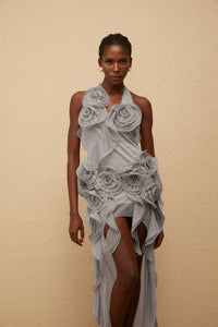 Hannabella Grey Asymmetrical Ruffled Floral Mini Dress