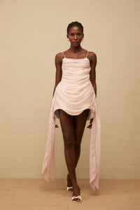 Vénus Pink Ribbon Design Ruched Mini Dress