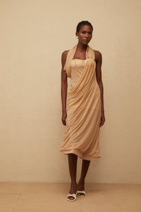 Mielikki Khaki Asymmetrical Tulle Panel Midi Dress
