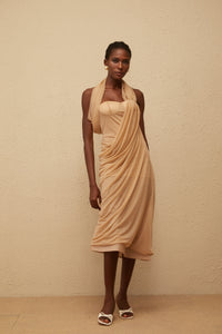 Mielikki Khaki Asymmetrical Tulle Panel Midi Dress