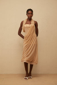 Mielikki Khaki Asymmetrical Tulle Panel Midi Dress