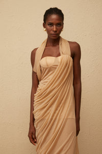 Mielikki Khaki Asymmetrical Tulle Panel Midi Dress