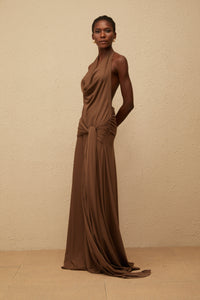 Minna Brown Halterneck Twisted Maxi Dress