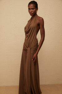 Minna Brown Halterneck Twisted Maxi Dress