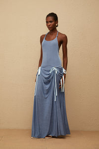 Adèle Blue Bowknot Velvet Maxi Dress