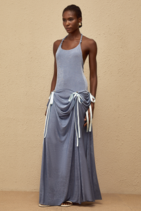 Adèle Blue Bowknot Velvet Maxi Dress