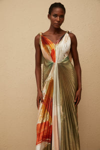 Giulia Green Smudged Graffiti Satin Maxi Dress