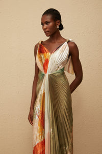 Giulia Green Smudged Graffiti Satin Maxi Dress