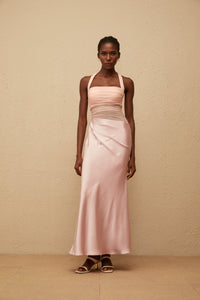 Taina Pink Mesh Panel Ruched Maxi Dress