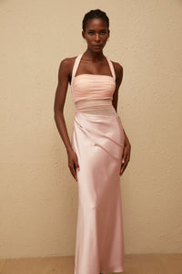 Taina Pink Mesh Panel Ruched Maxi Dress