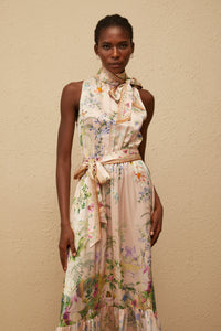 Madeleine Neutral Floral Print Satin Maxi Dress