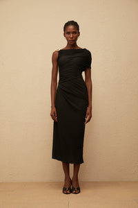Latika Black One Shoulder Gathered Midi Dress